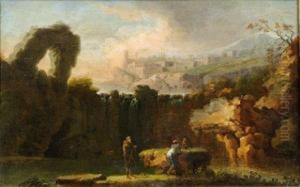 Personnages Devant Des Cascades Surmontees De Ruines Antiques. Oil Painting by Claude Louis Chatelet