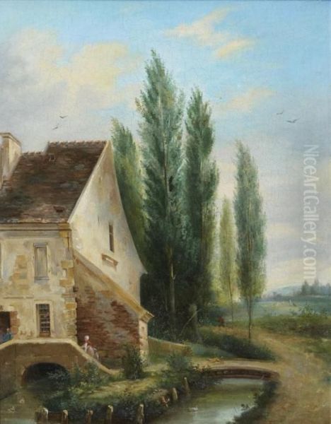 Paysage De Cascade Anime De Jeunes Femmes Oil Painting by Claude Louis Chatelet