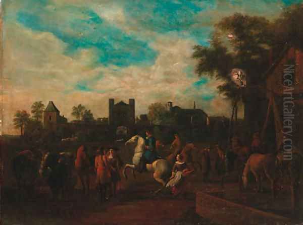 Grooms schooling horses before a tavern Oil Painting by Gerrit Adriaensz Berckheyde