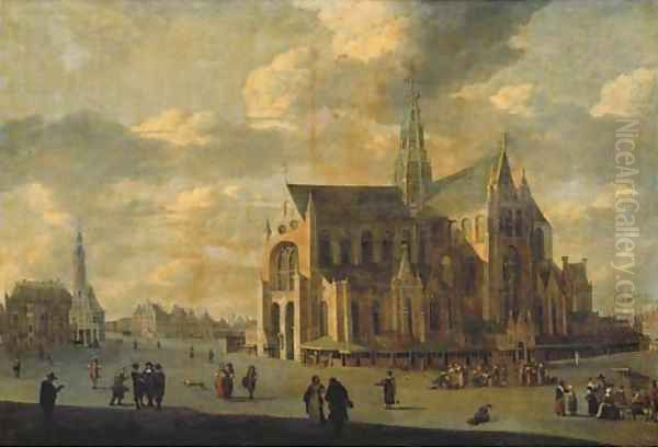 The Grote Markt with Saint Bavo's Cathedral, Haarlem Oil Painting by Gerrit Adriaensz Berckheyde