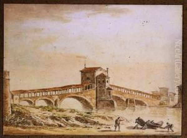 Pavia - A Covered Bridge At Pavia With Fishermen In The Foreground Oil Painting by Claude Louis Chatelet