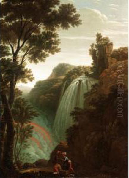 Landscape With Bandits Dividing Their Spoils Before A Waterfall Oil Painting by Claude Louis Chatelet