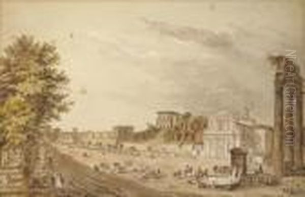 The Via Sacra With The Columns 
Of The Temple Of Castor And Polluxon The Left And The Arch Of Titus In 
The Background, Rome Oil Painting by Claude Louis Chatelet