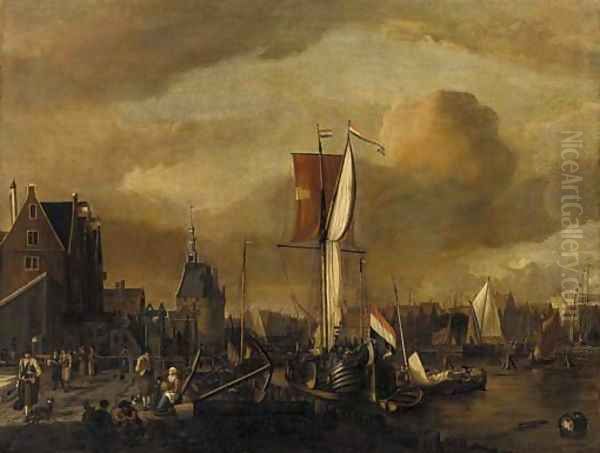 The harbour of Hoorn, with a moored Dutch galjoot and peasants on the quay Oil Painting by Gerrit Adriaensz Berckheyde