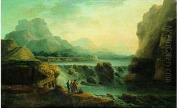 Paysage Panoramique De Cascade Anime De Personnages Oil Painting by Claude Louis Chatelet