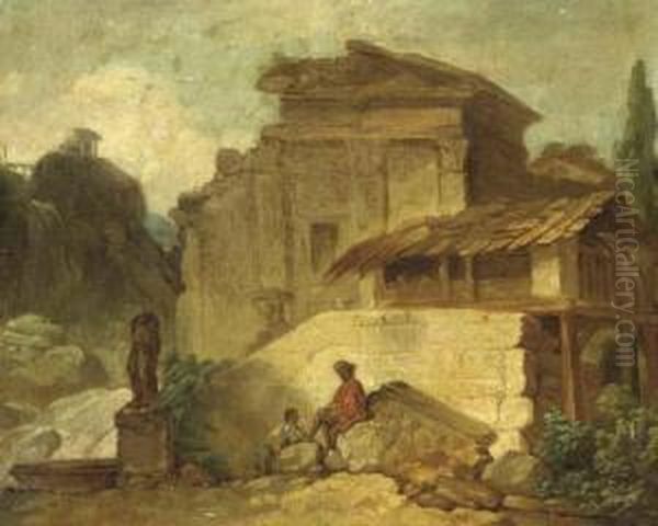 Figures Among Ruins At Tivoli Oil Painting by Claude Louis Chatelet