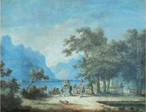 Personnages Au Bord D'un Lac En Italie Oil Painting by Claude Louis Chatelet