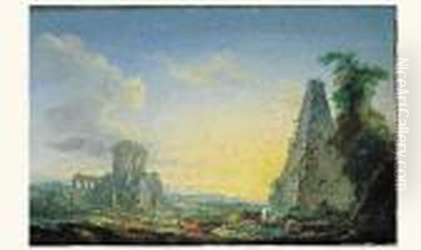 Paysage Fantaisiste De La Campagne Romaine Avec Une Pyramide Oil Painting by Claude Louis Chatelet