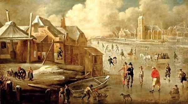 A frozen canal with skaters and men playing kolf Oil Painting by Jan Abrahamsz. Beerstraten