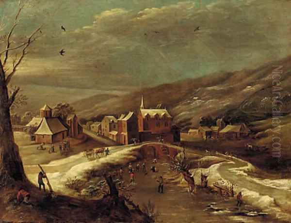 A winter landscape with a village by a river Oil Painting by Jan Abrahamsz. Beerstraten