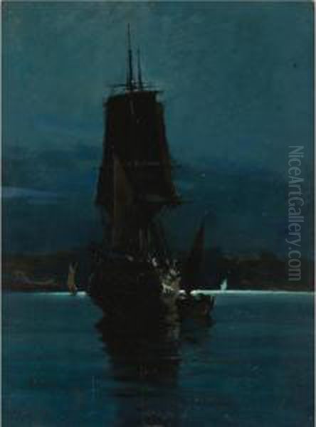 Ship By Night Oil Painting by Vassilios Chatzis