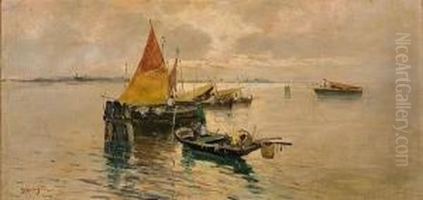 Boats In Calm Waters Oil Painting by Vassilios Chatzis