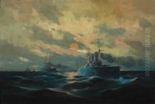 The Battleship 'averoff' Leading The Greek Fleet To The Battle Of Elli Oil Painting by Vassilios Chatzis