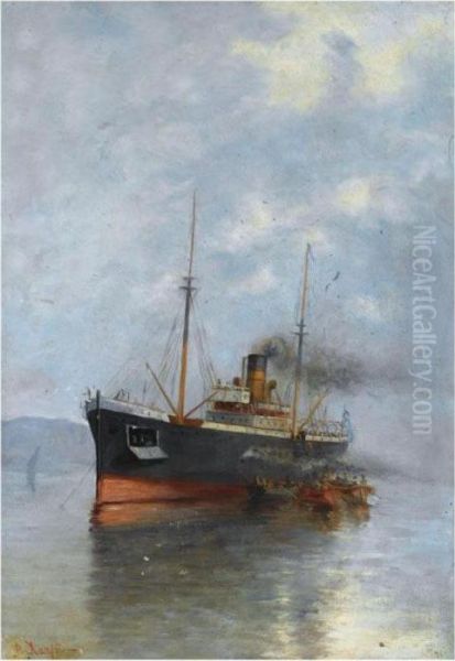 Embarking The Steamship Oil Painting by Vassilios Chatzis