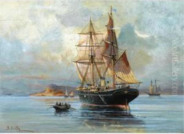 Boats At Sea Oil Painting by Vassilios Chatzis