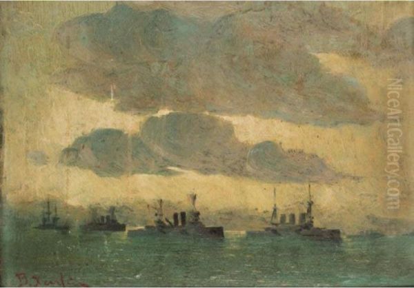 Greek War Ships In The Aegean Oil Painting by Vassilios Chatzis