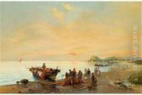 Figures Along The Shore, Faliro Oil Painting by Vassilios Chatzis