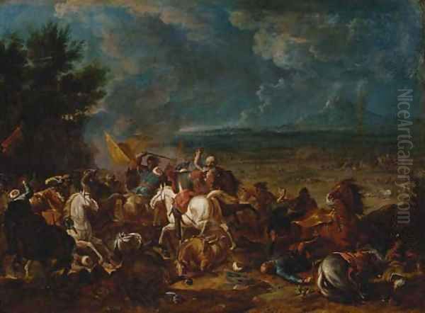 Christians engaging Turks, a military encampment beyond Oil Painting by Karel Breydel