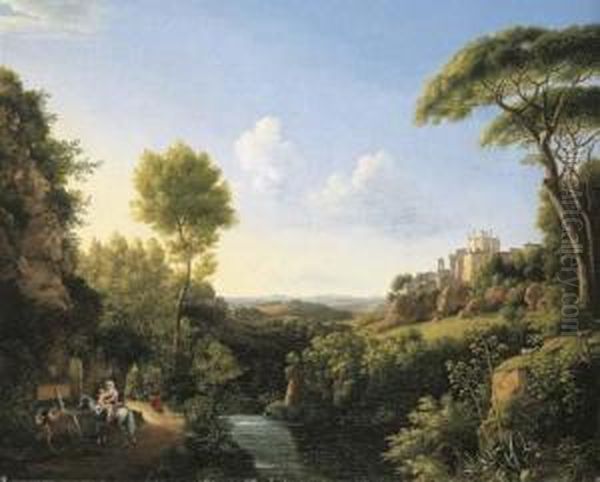 An Italianate Landscape With Travellers Halting At A Fountain, A Castle Beyond Oil Painting by Pierre-Athanase Chauvin