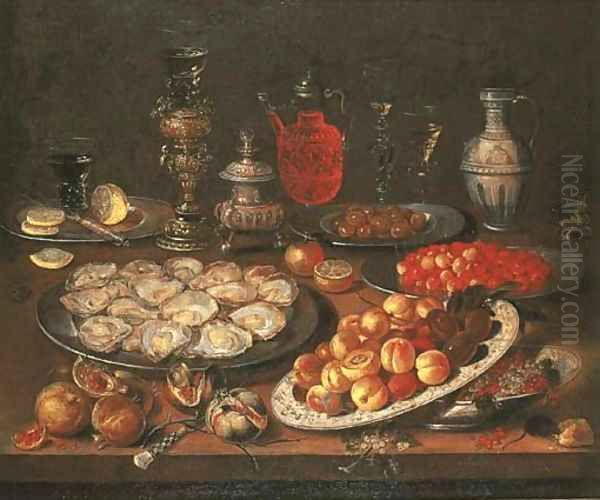 Oysters, peaches, cherries, redcurrants and olives on plates Oil Painting by Osias, the Elder Beert