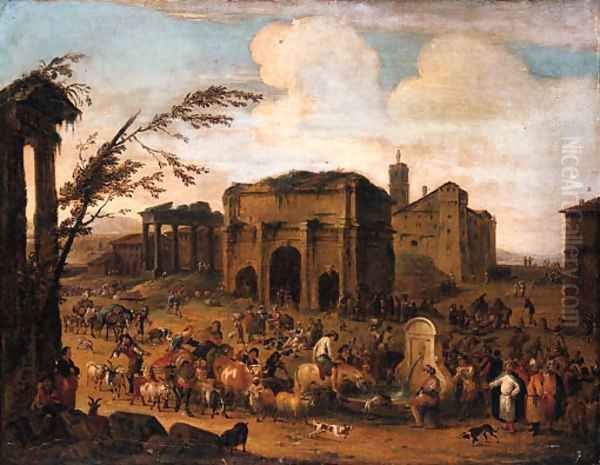 A Capriccio of a Roman Marketplace with Peasants and Levants at a Fountain Oil Painting by Pieter Van Bredael