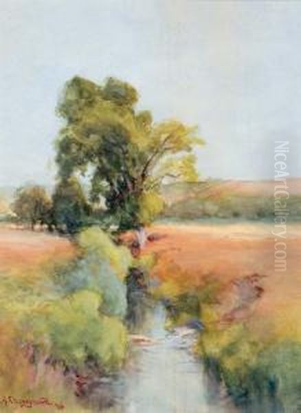 Stream Running Through Early Spring Pastures. Oil Painting by Georges Chavignaud