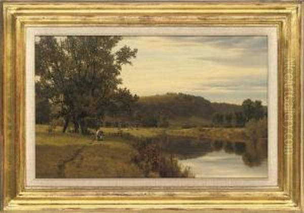 Cattle Grazing By A River Oil Painting by Henry Cheadle