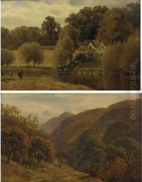 The Ferry Crossing And Sheep Grazing In A Landscape: Two Works Oil Painting by Henry Cheadle