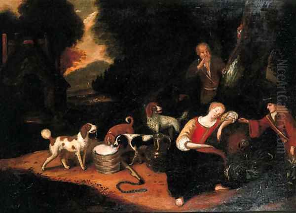 A sportsman teasing a shepherdess asleep at the edge of a wood Oil Painting by Adriaen Cornelisz. Beeldemaker