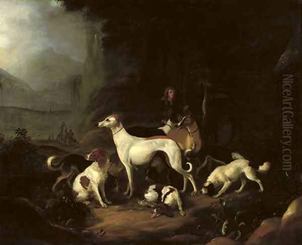 A hunter and his dogs resting at the entrance of a cave Oil Painting by Adriaen Cornelisz. Beeldemaker