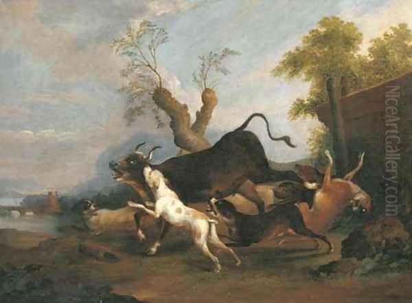 A pastoral river landscape with hounds chasing a bull Oil Painting by Adriaen Cornelisz. Beeldemaker