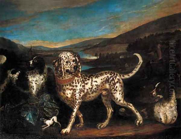 A dalmatian with a sportsman and hounds in a landscape Oil Painting by Adriaen Cornelisz. Beeldemaker