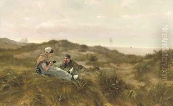 Flirting in the dunes Oil Painting by August Bohnhorst