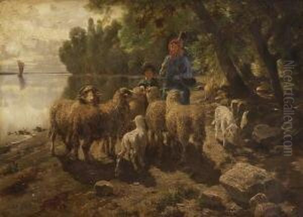 Hirten Mit Schafen Am
 Seeufer. Oil Painting by Adolf Chelius