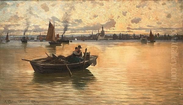 Sonnenuntergang In Constanz; Nebelmorgen In Friedrichshafen Oil Painting by Adolf Chelius