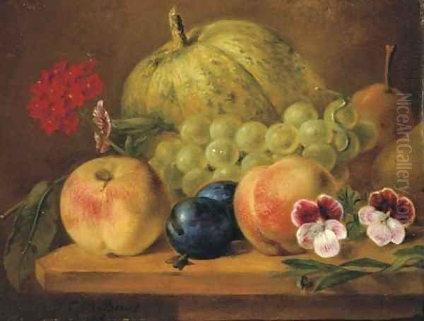 Fruits and flowers on a ledge Oil Painting by Cornelis Bernardus Buys