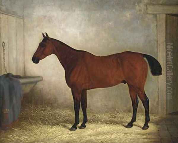 A bay hunter in a stable Oil Painting by Edward Brown