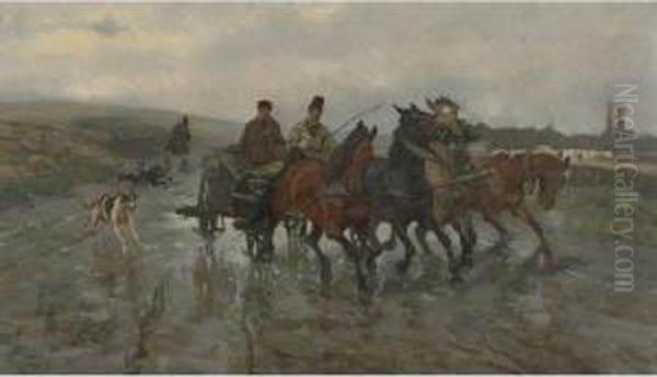 Four Horse Wagon On A Rainy Day Oil Painting by Jozef Chelmonski