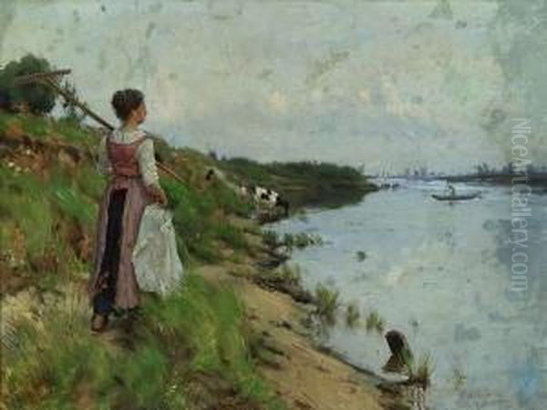 Girl By Riverside With Cows Oil Painting by Jozef Chelmonski