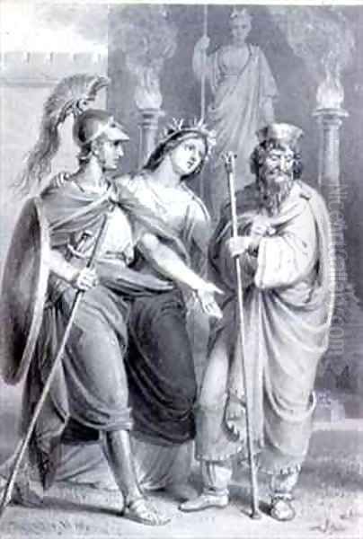 Warrior accompanied by a woman addressing a Priest in the Precincts of a Temple Oil Painting by Edward Francis Burney