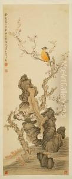 Exotic Bird In A Plum Tree Oil Painting by Jin Cheng