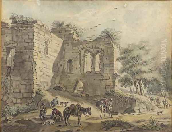 Travellers and peasants with a packhorse on a road by a ruined villa; and A horseman and peasants by a vaulted ruin Oil Painting by Jan De Beyer