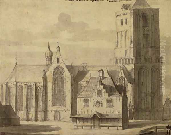 An imposing gothic church, said to be the Saint Peter's Church in Leiden Oil Painting by Johannes Abrahamsz. Beerstraaten