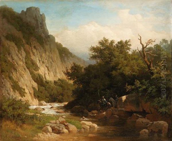 Military Convoy Crossing A Mountain Stream Oil Painting by Nikanor Grigorevich Chernetsov