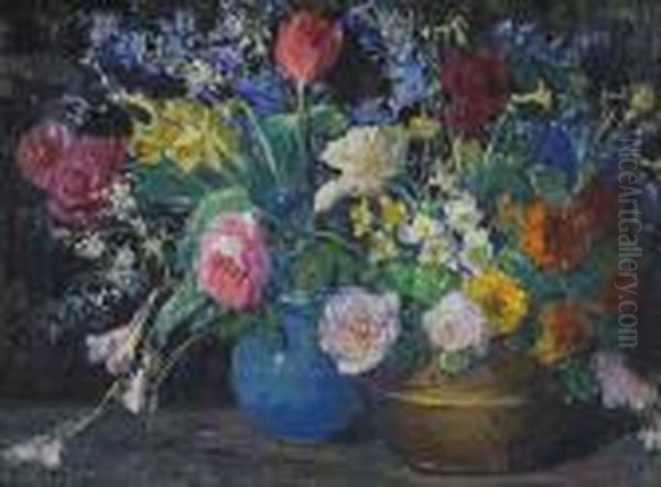 A Still Life With Roses, Daffodils And Other Flowers In Two Vases Oil Painting by Kathryn Cherry