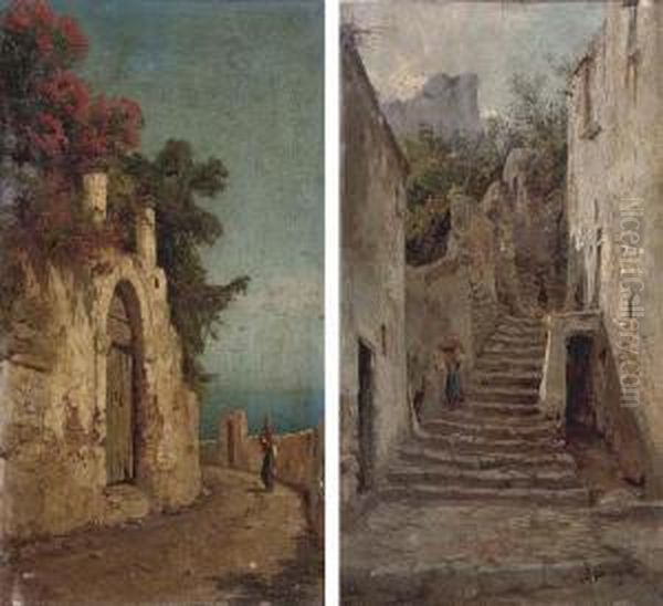 Girls Carrying Baskets Of Fruit Down A Capri Backstreet Oil Painting by Andrea Cherubini