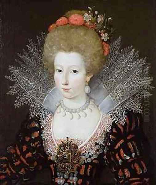 Portrait of a lady in a high lace collar and jewelled silk costume Oil Painting by Marguerite Bunel