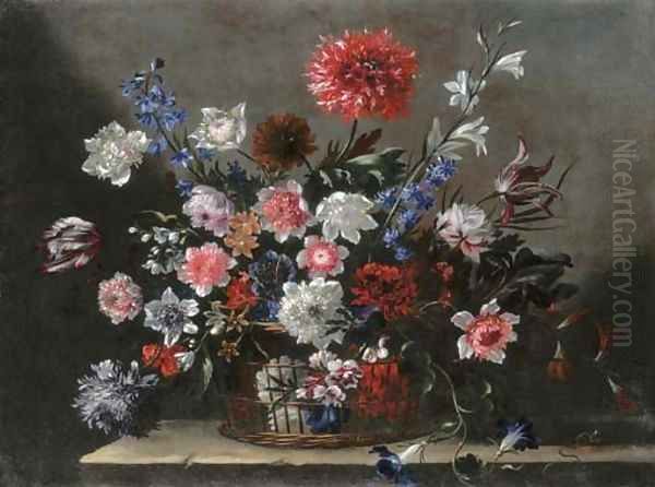 Poppies, tulips, morning glory and other flowers in a basket on a stone ledge Oil Painting by Nicolas Baudesson