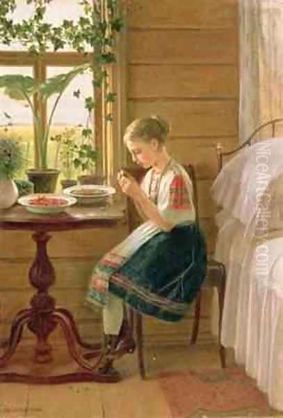 Girl Peeling Berries Oil Painting by Nikolai Mikhailovich Bykovsky