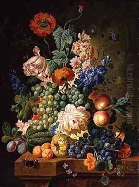 Fruit and Flowers on a Marble Table Oil Painting by Paul-Theodor Van Brussel